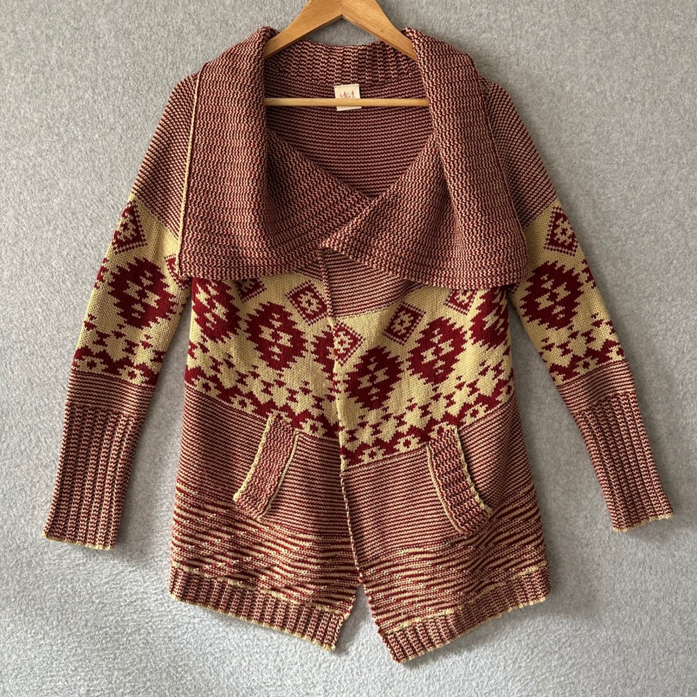 Saga Aztec Tribal Print Draped Shawl Collar Cardigan Sweater Pockets M